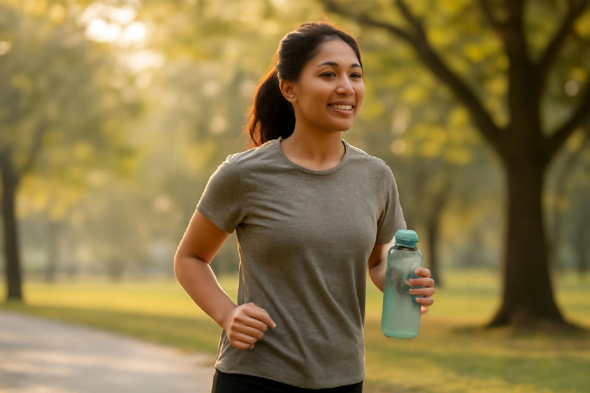 Người đi bộ buổi sáng trong công viên cạnh chai nước