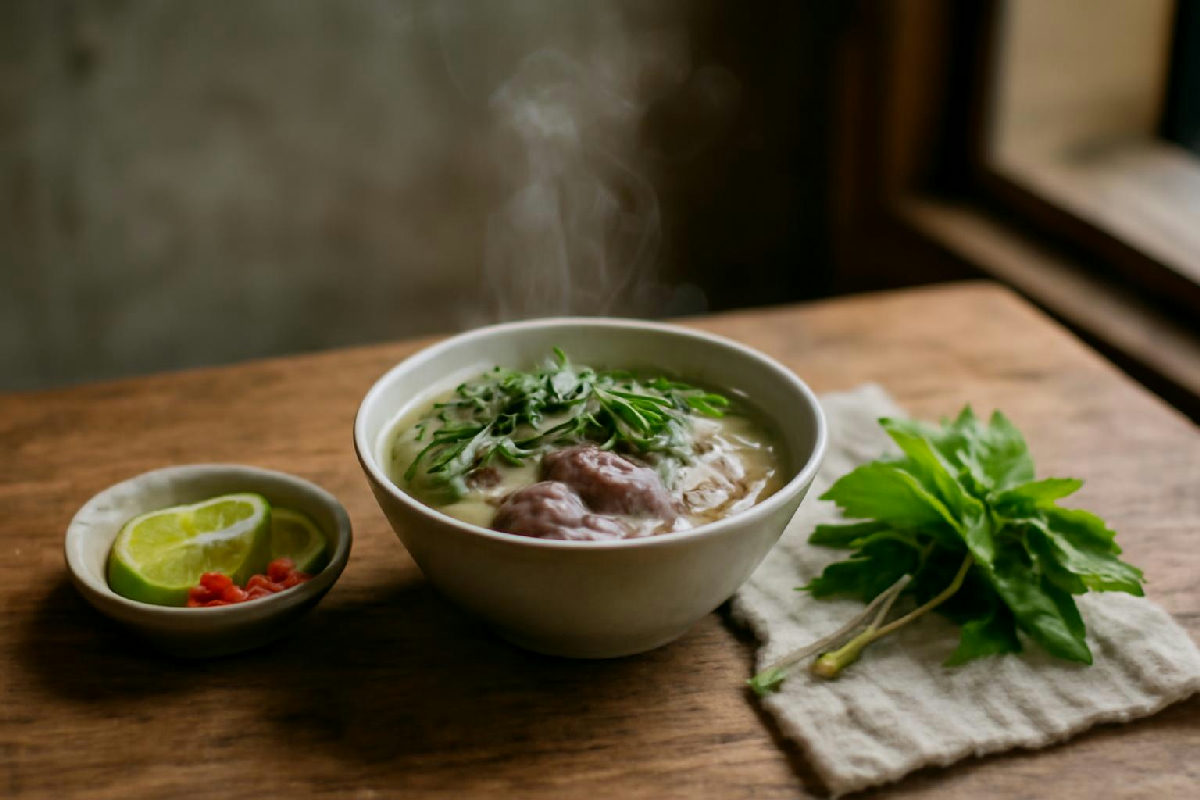 Tô phở bò nhỏ kèm rau thơm và chén nước chấm trên bàn