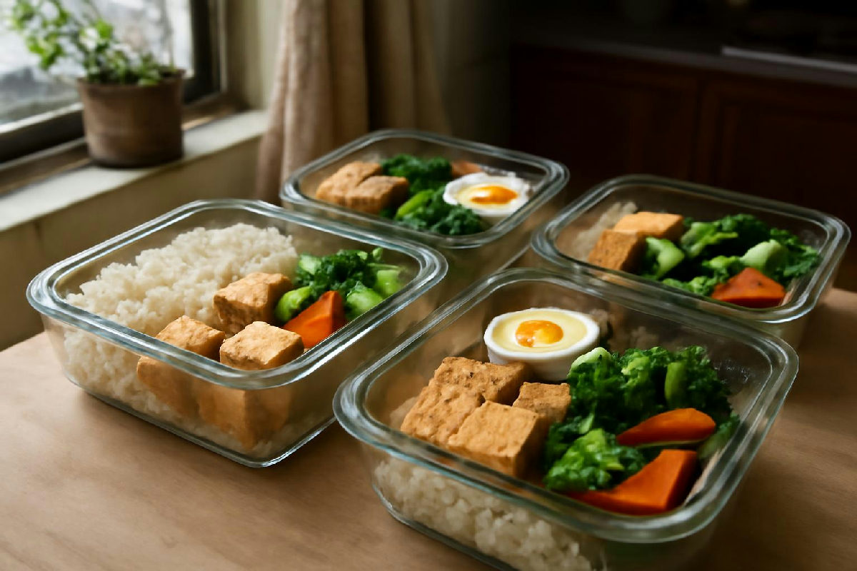 Đĩa rau luộc, trứng và đậu hũ chuẩn bị sẵn trong hộp cơm