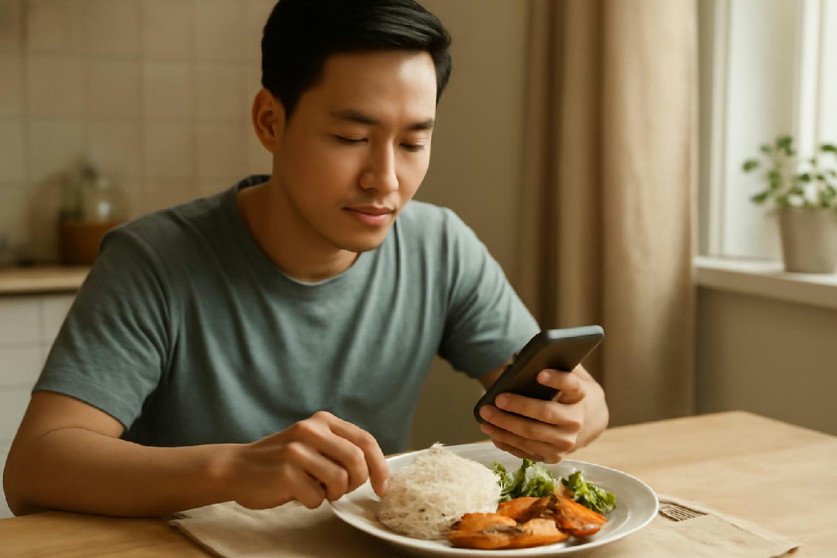 Người đàn ông ngồi bàn bếp ghi lại bữa ăn bằng điện thoại