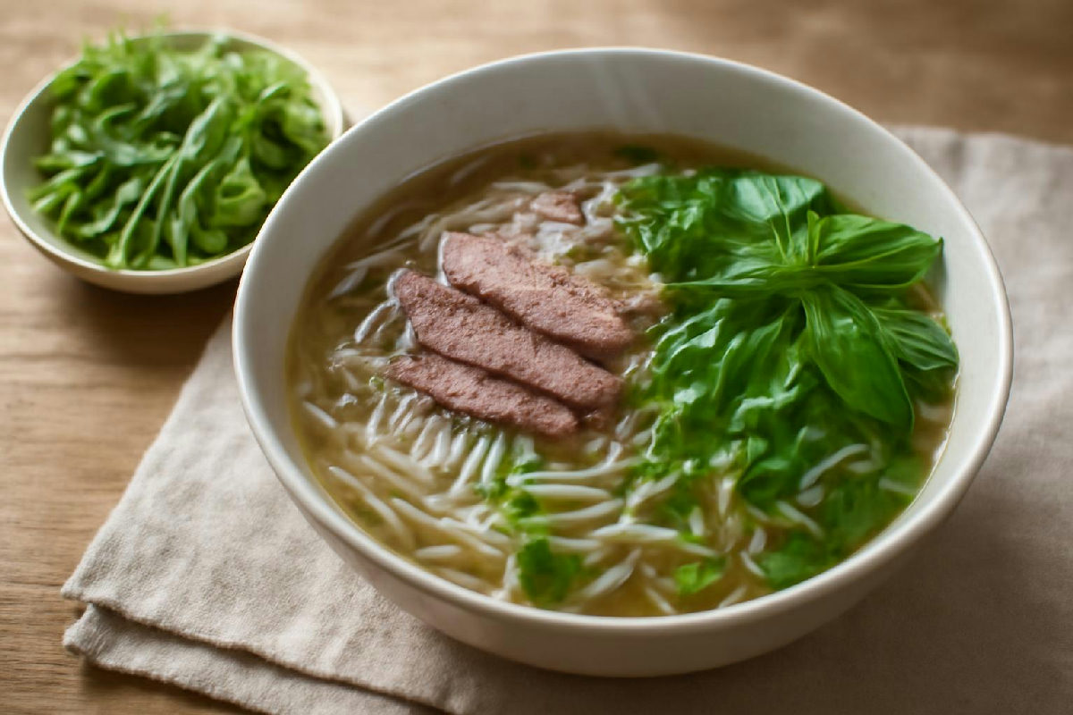 Tô phở bò vừa với thịt bò, bánh phở và rau thơm