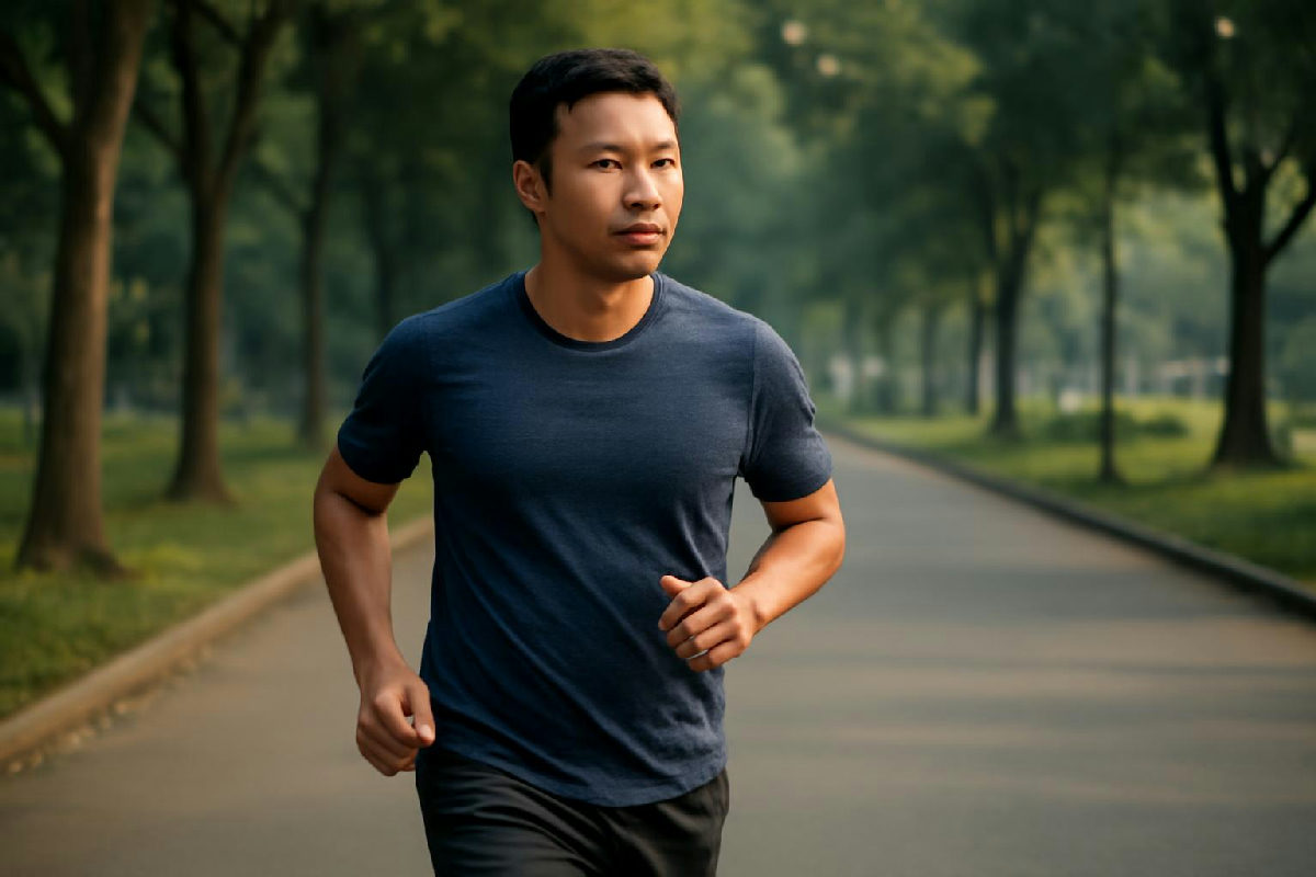 Người đàn ông đi bộ buổi sáng trên đường công viên