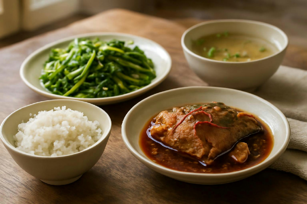Mâm cơm Việt gồm cá kho, rau luộc, canh và cơm trắng cho nam giới giảm cân