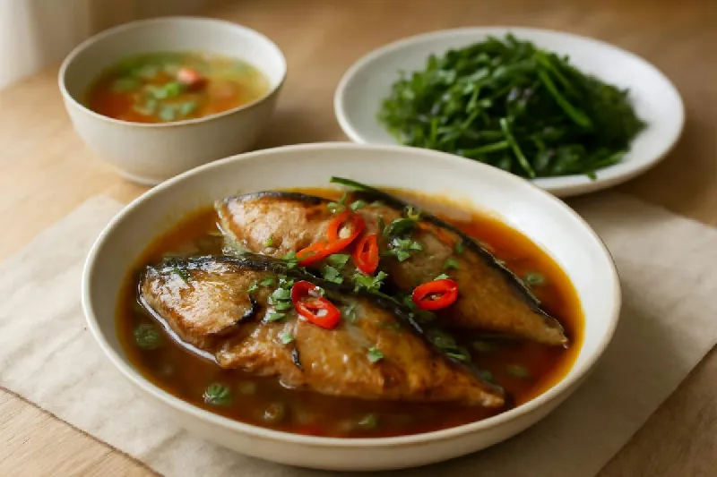 Mâm cơm gồm cá kho, canh rau và rau luộc