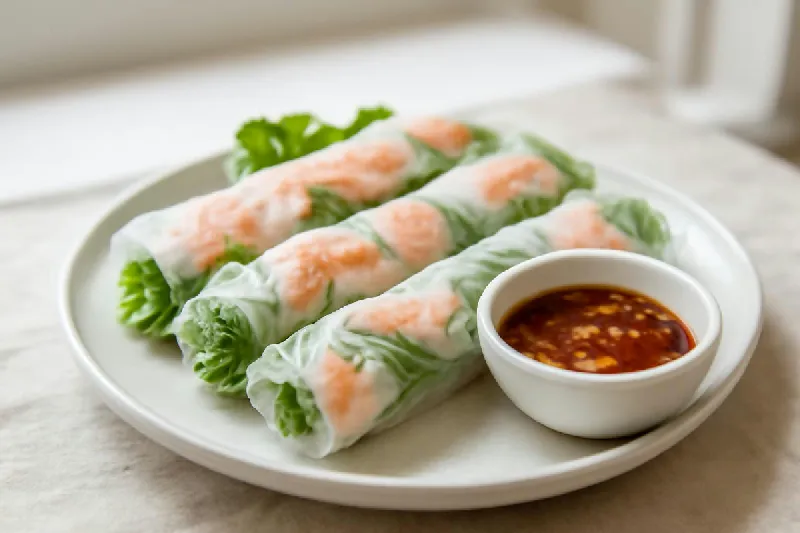 Đĩa gỏi cuốn tôm thịt cùng rau sống và chén nước chấm