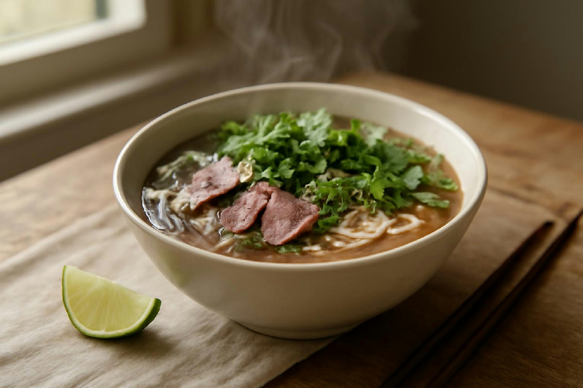Tô phở bò nhỏ với thịt nạc, hành lá và rau thơm