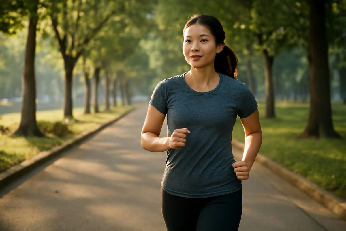 Người phụ nữ đi bộ nhanh buổi sáng trên đường công viên