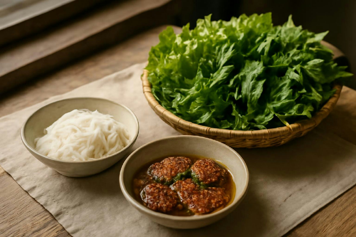 Phần bún chả ít bún kèm rổ rau sống đầy