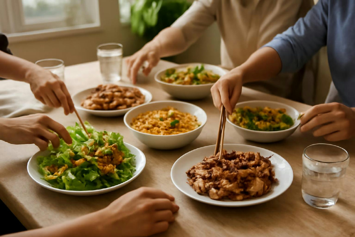 Bàn liên hoan văn phòng với gỏi, món nướng và nước lọc