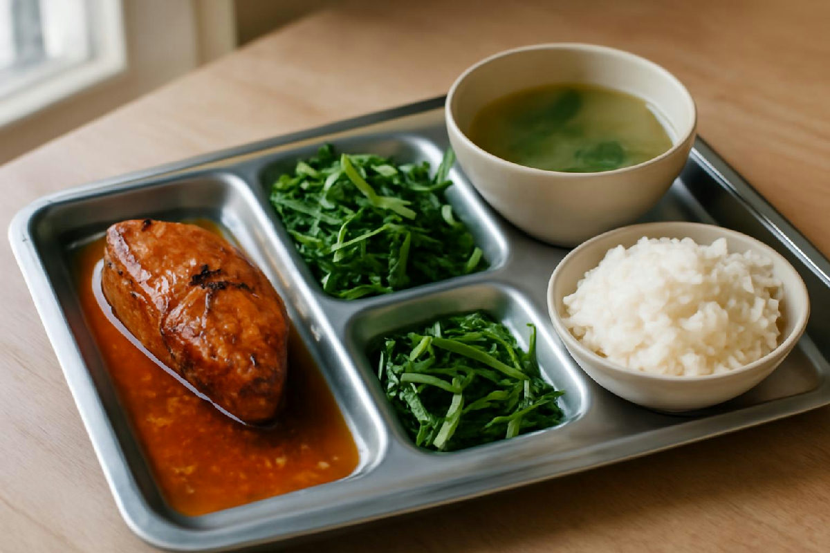 Suất cơm văn phòng ăn ngoài với cá, rau và canh, thực đơn giảm cân