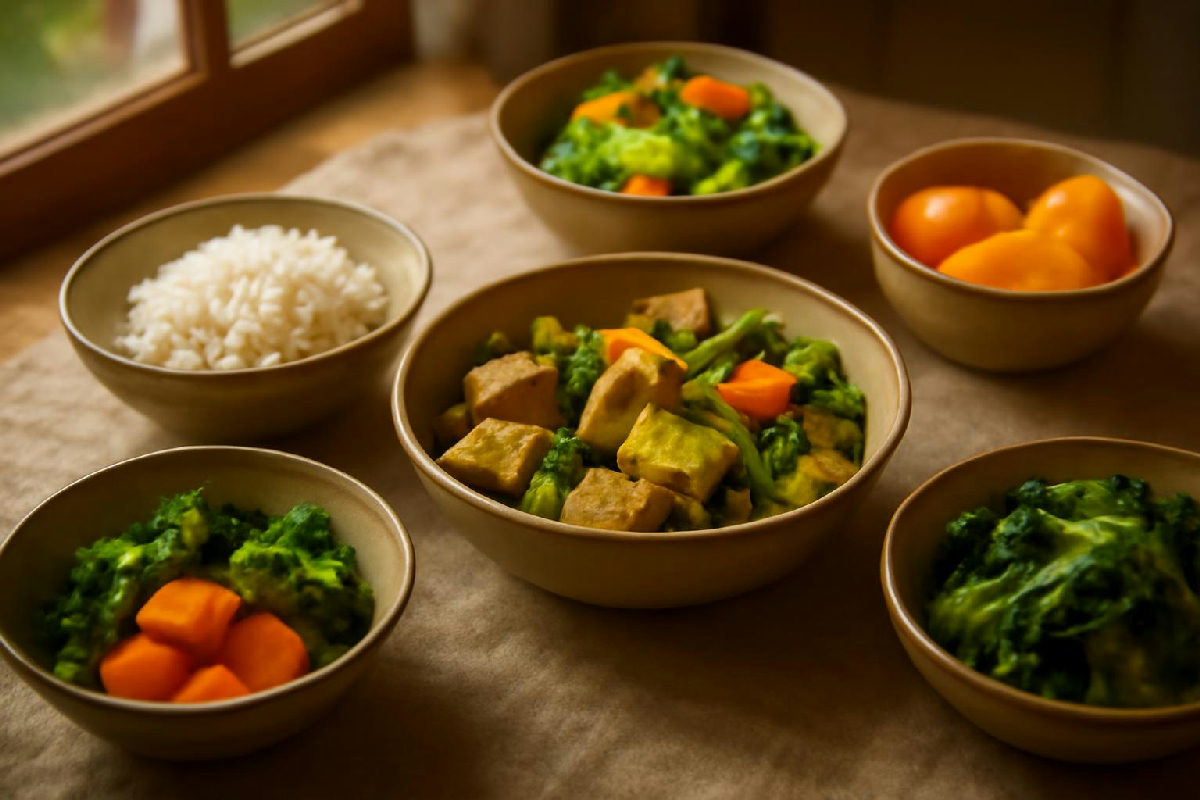 Đậu phụ, đậu đen, trứng luộc và rau xếp trên bàn bếp