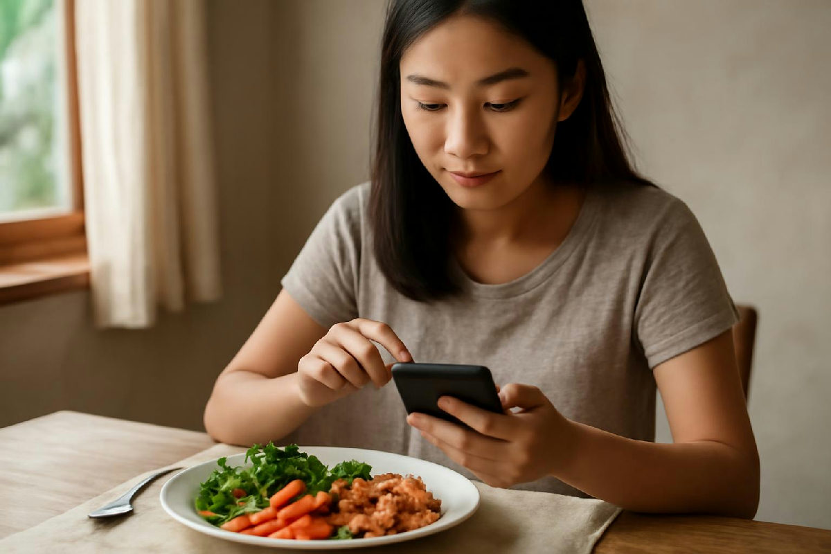 Người ghi lại bữa ăn chay trên điện thoại cạnh đĩa rau đậu