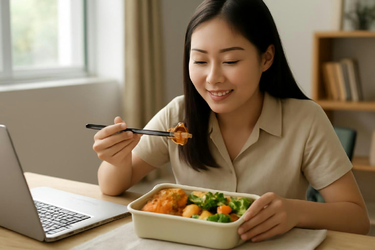 Người phụ nữ ngồi ăn trưa văn phòng gọn gàng bên bàn làm việc