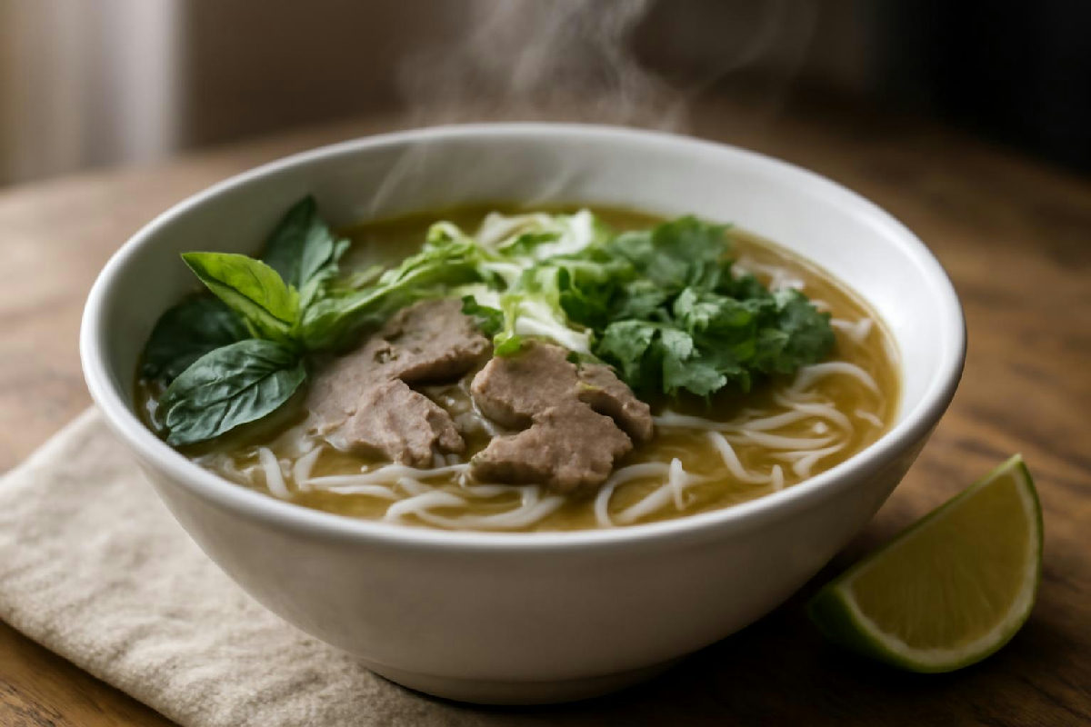 Tô phở bò nhỏ với rau thơm trên bàn gỗ