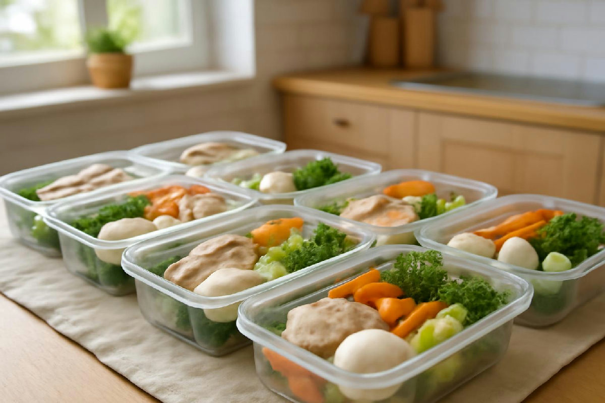 Hộp cơm chia sẵn với ức gà luộc, trứng và rau củ