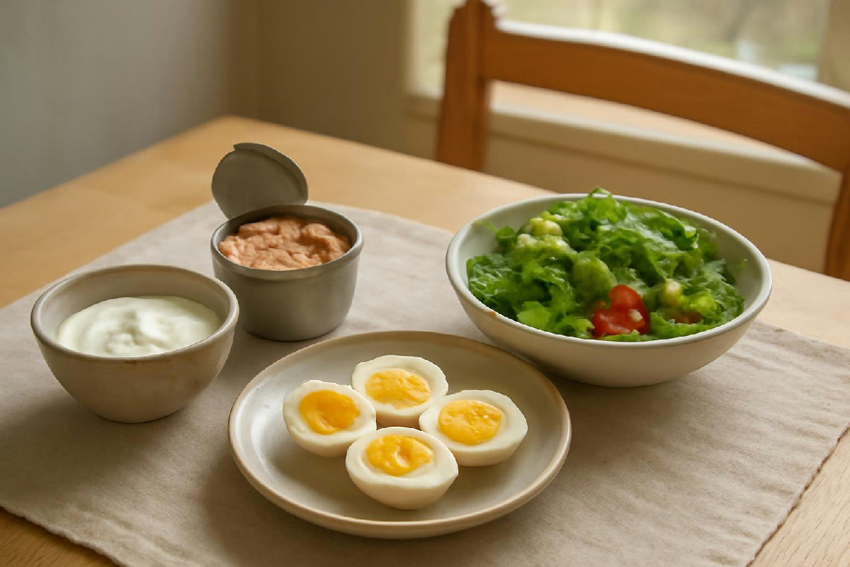 Bàn ăn gọn với sữa chua, trứng luộc, salad và cá ngừ hộp