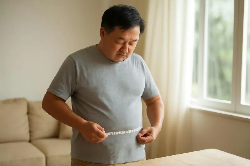 Người đàn ông trung niên đo vòng eo trong phòng khách buổi sáng