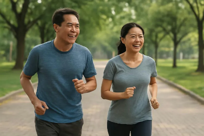 Hai vợ chồng trung niên đi bộ nhanh trong công viên buổi sáng