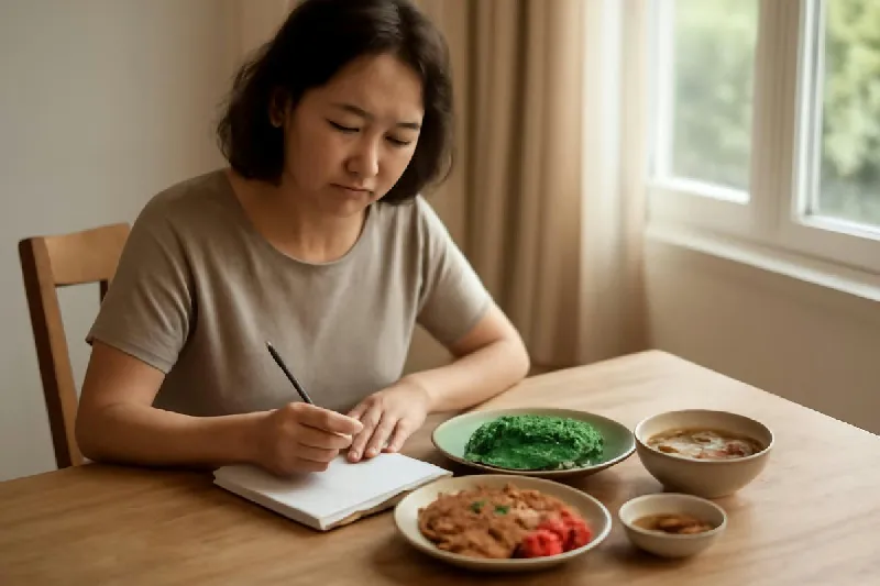 Người phụ nữ trung niên ghi chép bữa ăn bên mâm cơm Việt