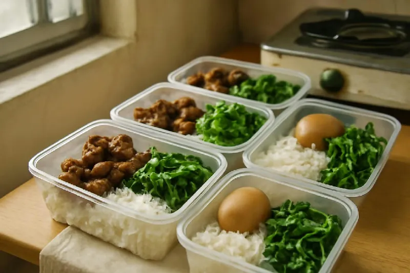 Bữa trưa cơm với cá kho, canh cải và rau luộc