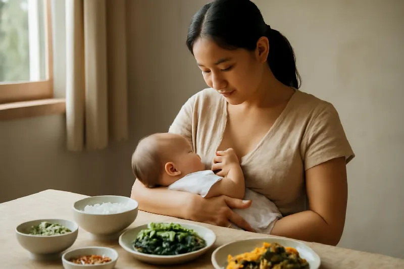 Mẹ đang cho con bú bên mâm cơm Việt đủ chất