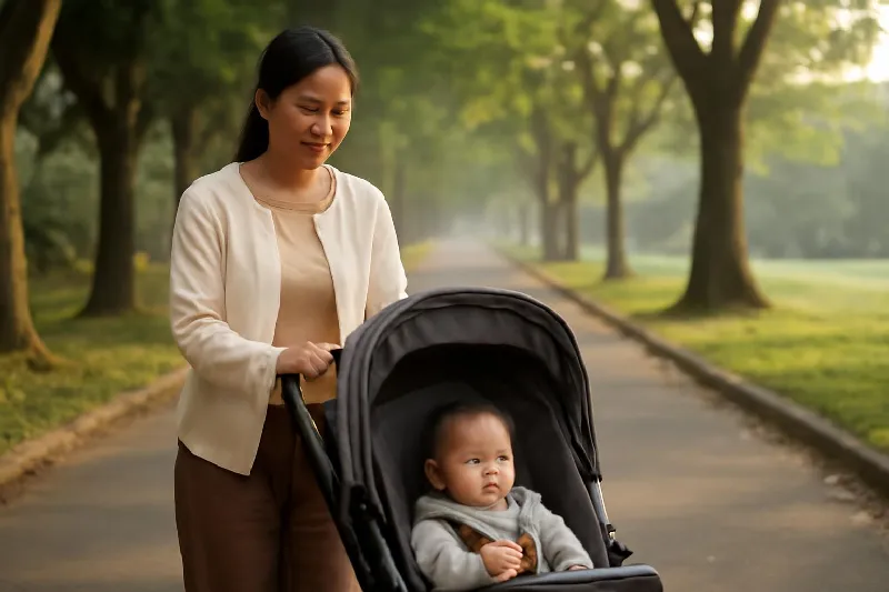 Mẹ đẩy xe nôi đi bộ nhẹ nhàng trong công viên buổi sáng