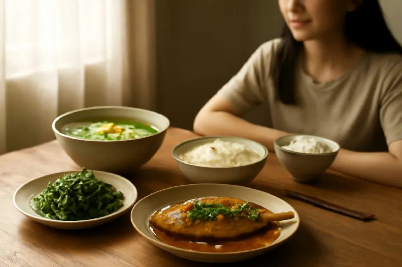 Mâm cơm Việt đủ chất cho mẹ sau sinh đang cho con bú