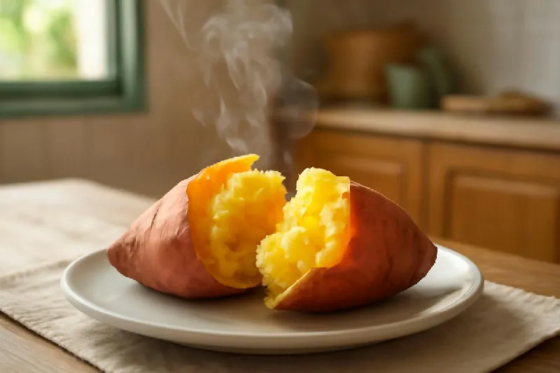 Khoai lang luộc nguyên củ bóc vỏ để trên đĩa sứ trắng