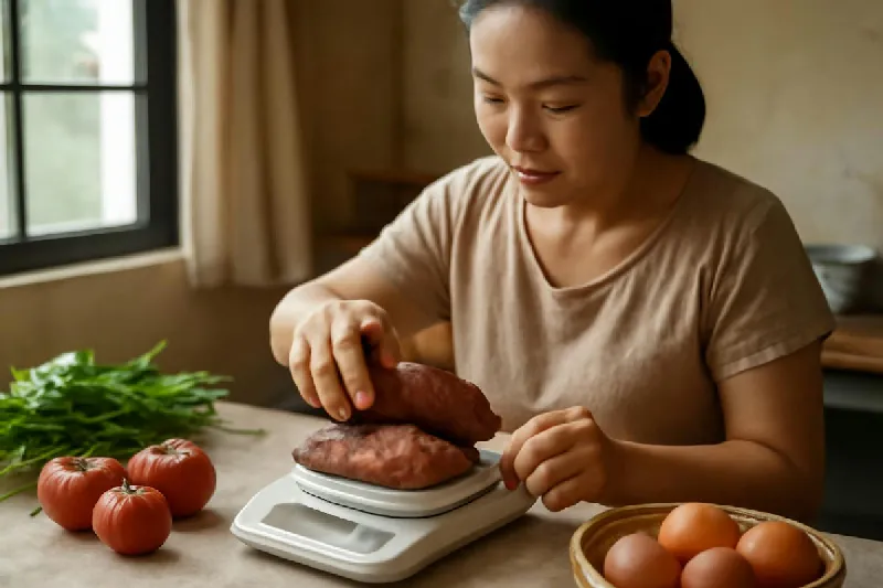 Người phụ nữ cân khẩu phần khoai lang luộc bằng cân điện tử trong bếp