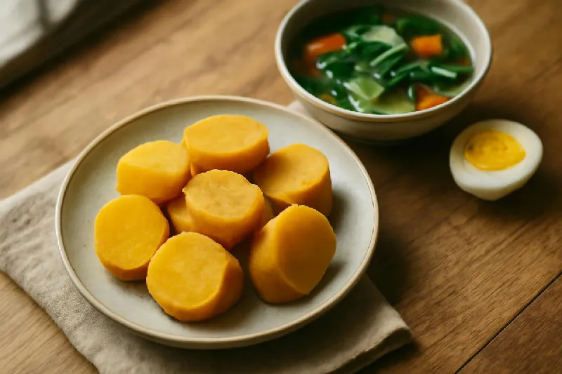 Đĩa khoai lang luộc cắt khúc bên bát canh rau và trứng luộc