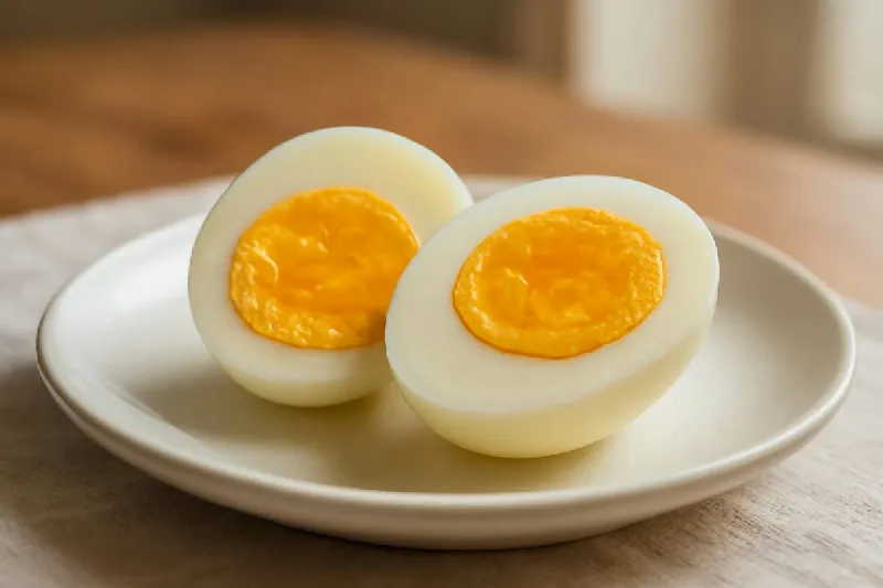 Trứng gà luộc bóc vỏ cắt đôi, lòng đỏ vàng, đặt trên đĩa trắng