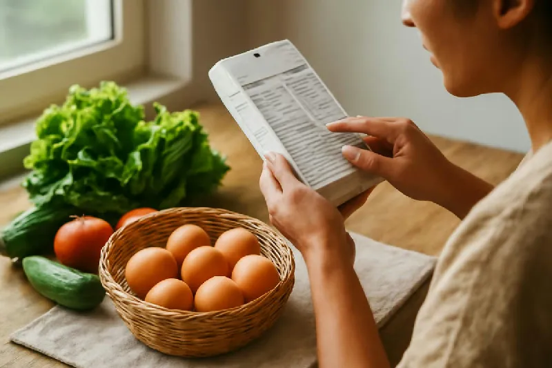 Người đang đọc nhãn dinh dưỡng bên cạnh rổ trứng và rau