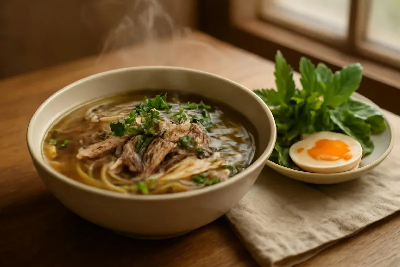 Tô phở bò nhỏ với rau sống và một quả trứng luộc