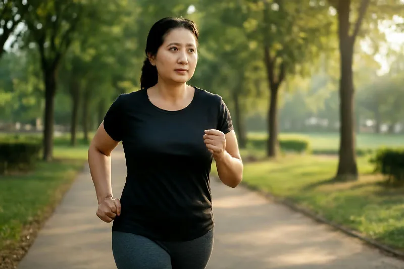 Người phụ nữ đi bộ nhanh buổi sáng trong công viên
