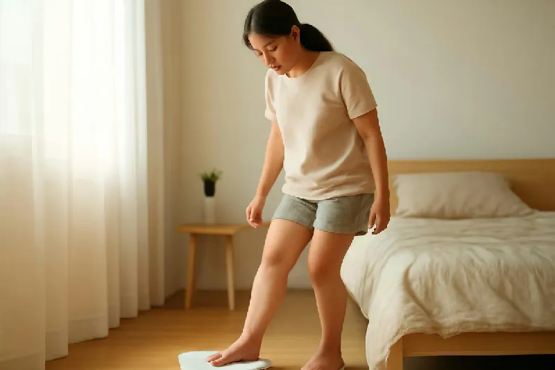 Người phụ nữ đứng trên cân điện tử trong phòng ngủ buổi sáng