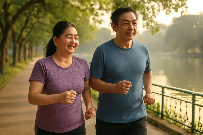 Người đi bộ nhanh ngoài công viên vào buổi sáng sớm