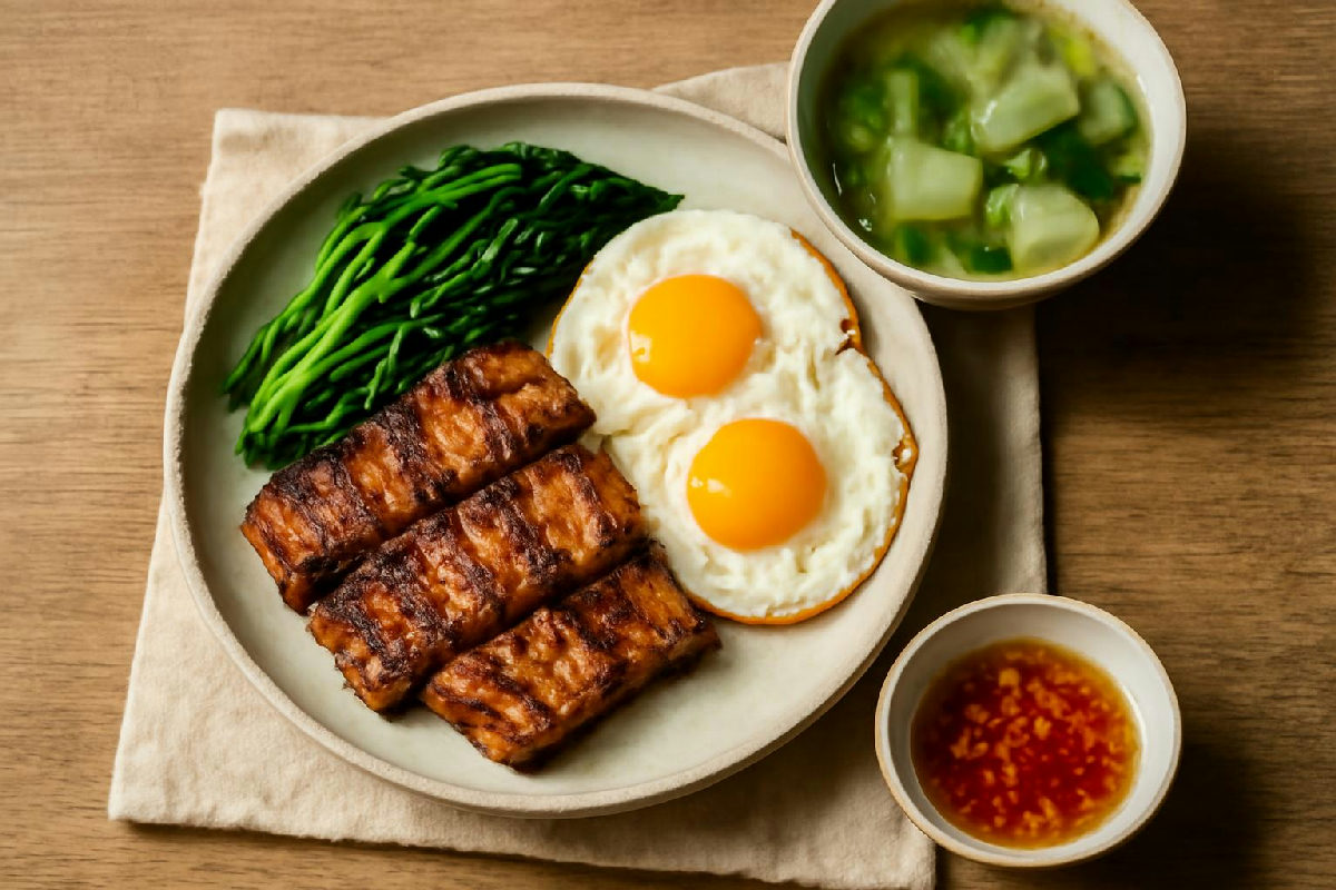 Mâm cơm keto món Việt với thịt nướng, trứng, rau xanh và canh