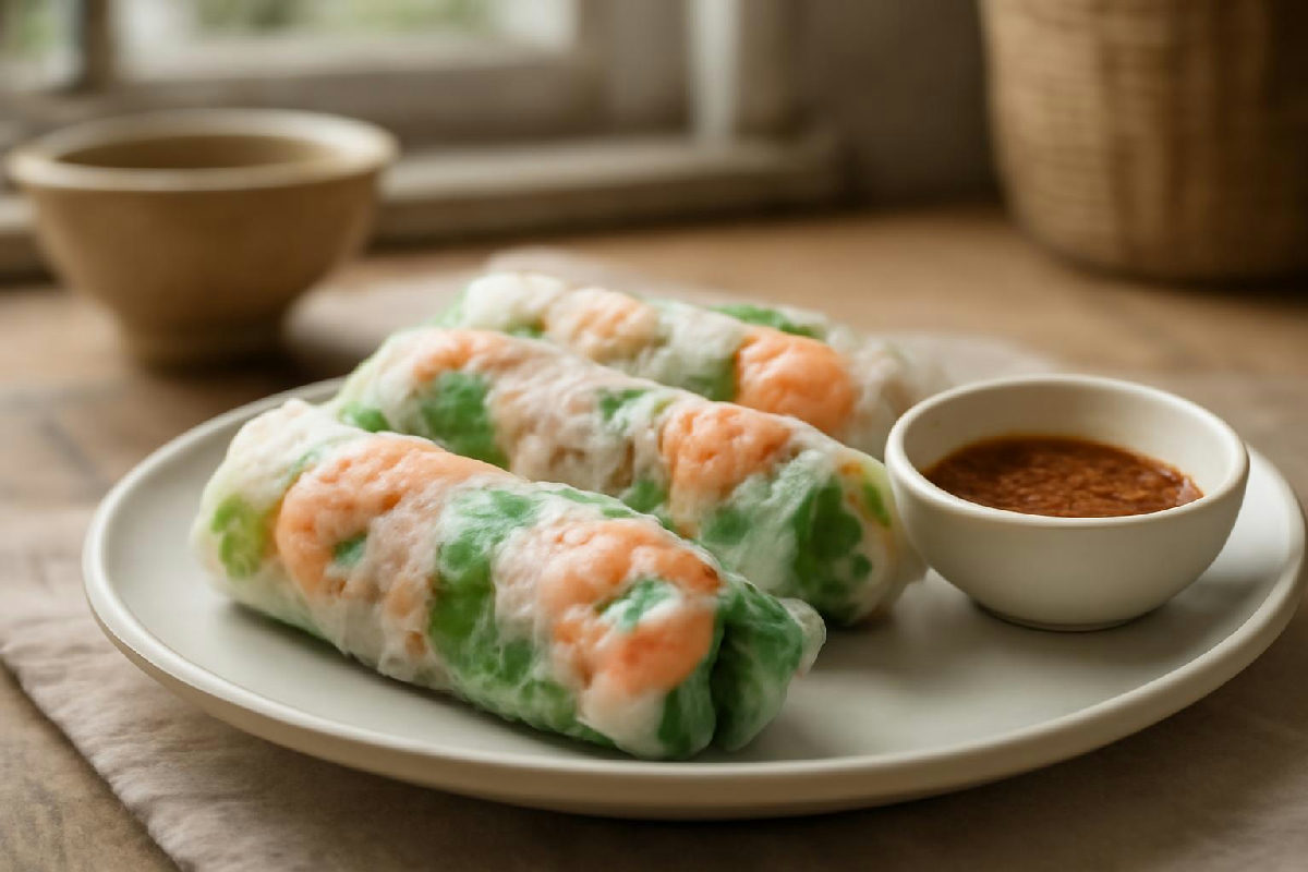 Gỏi cuốn tôm thịt với rau sống trên đĩa trắng