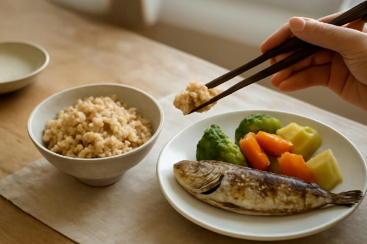 Bát cơm gạo lứt nhỏ cạnh đĩa cá kho và rau luộc