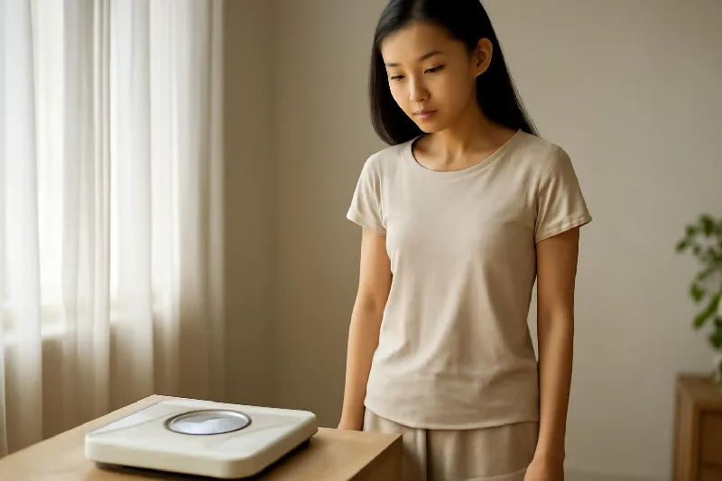 Người gầy đứng cạnh cái cân trong phòng sáng đang kiểm tra cân nặng