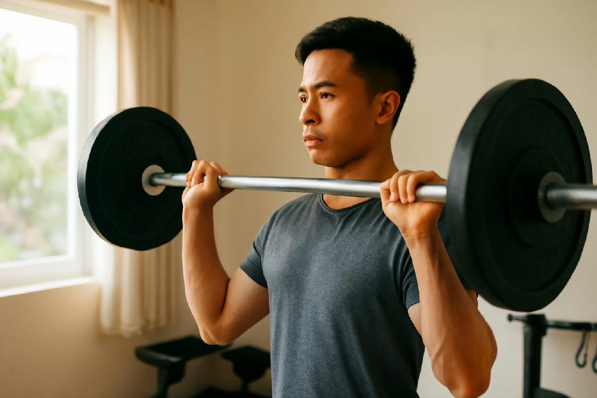 Người tập tạ trong phòng gym nâng tạ đòn buổi sáng