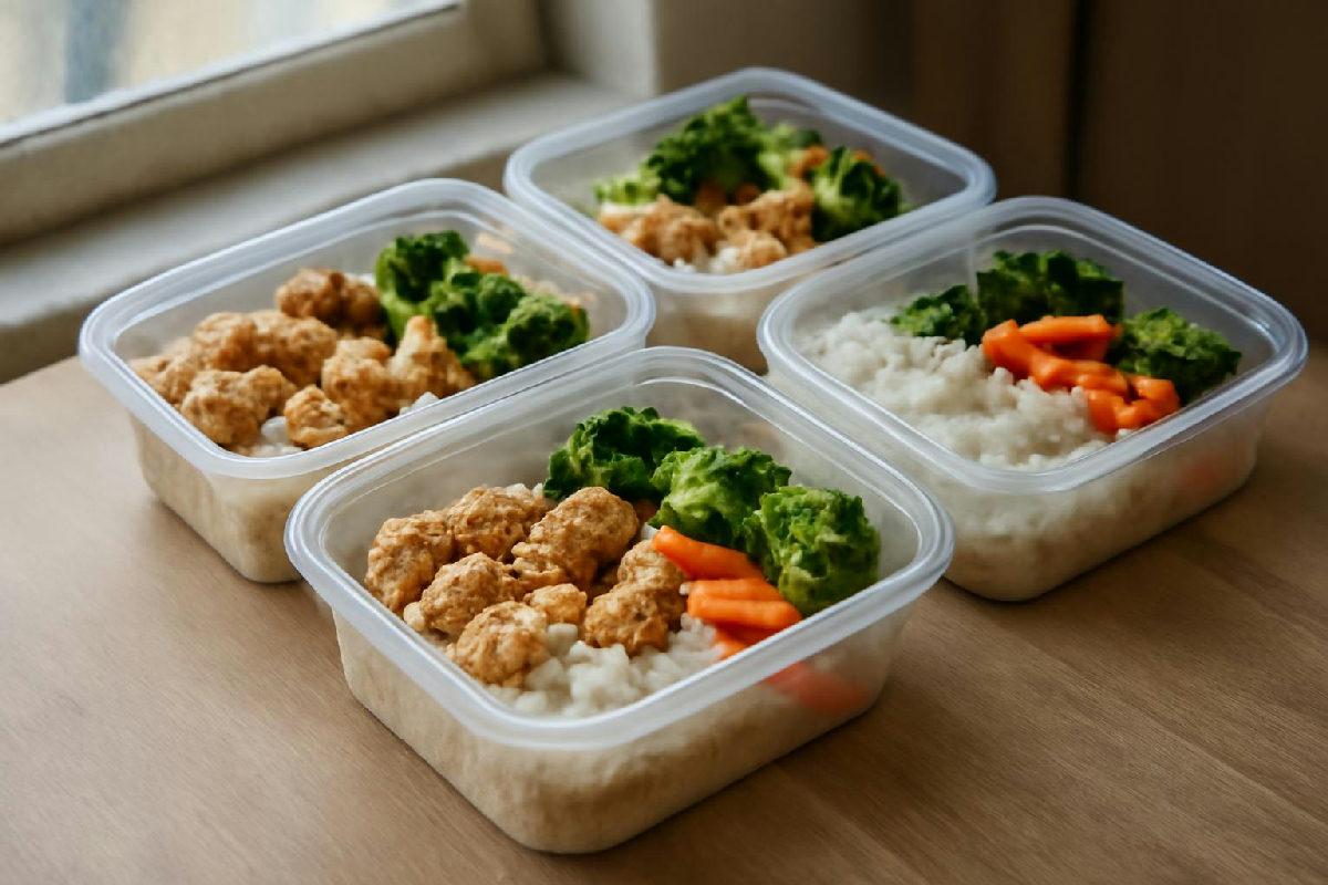 Bàn ăn chuẩn bị sẵn hộp cơm ức gà rau luộc cho cả tuần