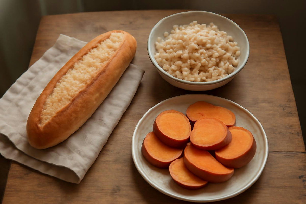 Khoai lang, gạo lứt và bánh mì trắng trên bàn, tinh bột tốt xấu