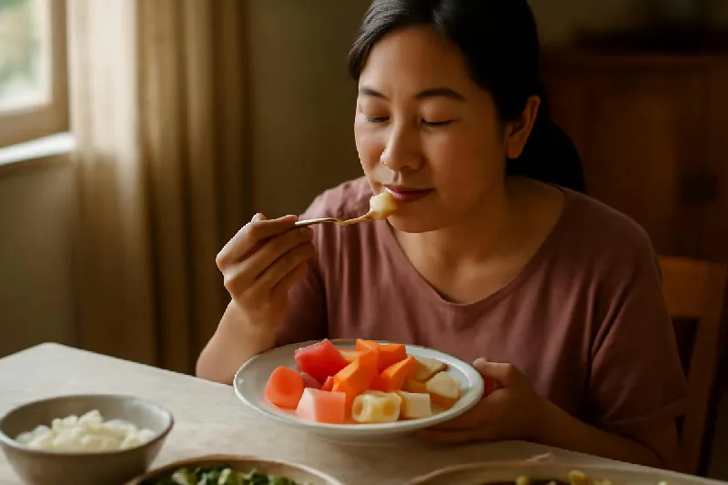 Người đang ăn đĩa trái cây tươi sau bữa cơm gia đình