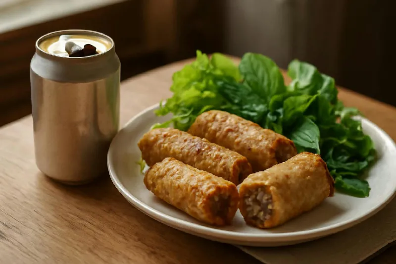 Lon bia mở nắp đặt cạnh đĩa nem rán và rau sống