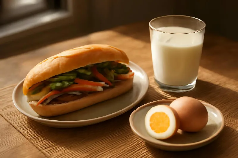Bữa sáng với cốc sữa, bánh mì và trứng luộc trên bàn
