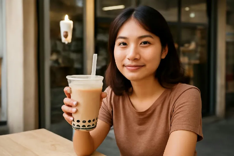 Ly trà sữa trân châu cầm trên tay trước quán trà sữa