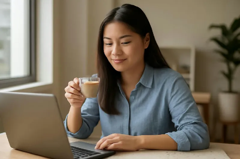 Người ngồi bàn làm việc cầm ly trà sữa size nhỏ cạnh laptop