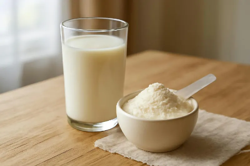 Ly sữa và bột whey protein đặt cạnh nhau trên mặt bàn gỗ