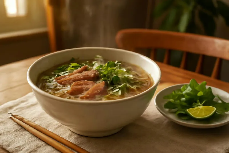 Tô phở bò vừa bốc khói đặt trên bàn ăn gia đình